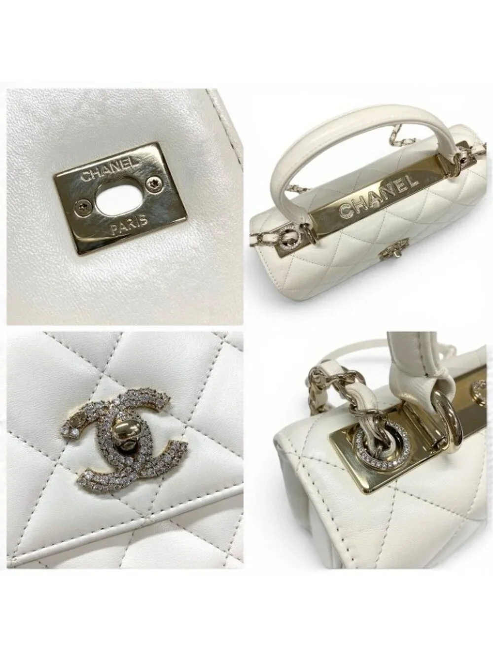 Chanel Trendy CC Shoulder Bag White Gold CC Logo Turnlock Rhinestone Chain 2-Way
